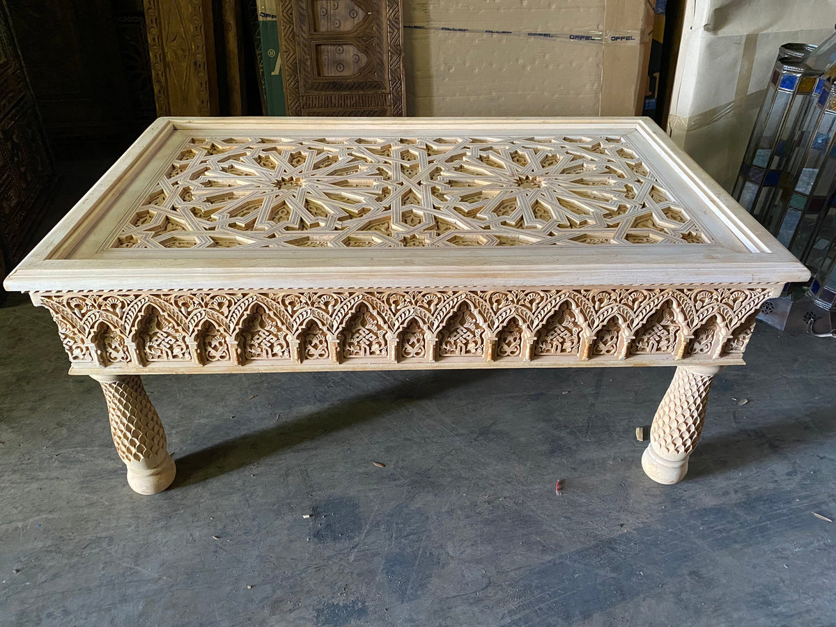 Handmade Moroccan Carved Wooden Coffee Table, Andalusian Art