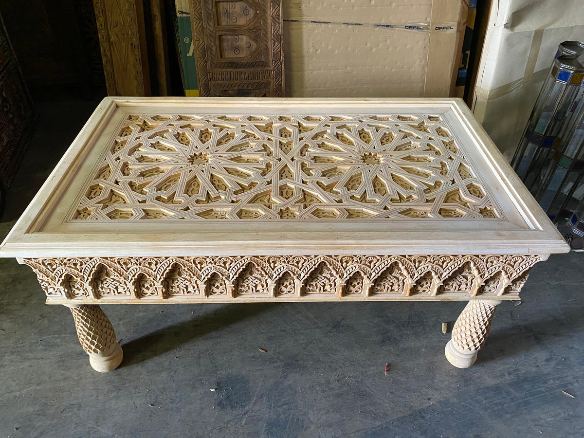 Handmade Moroccan Carved Wooden Coffee Table, Andalusian Art