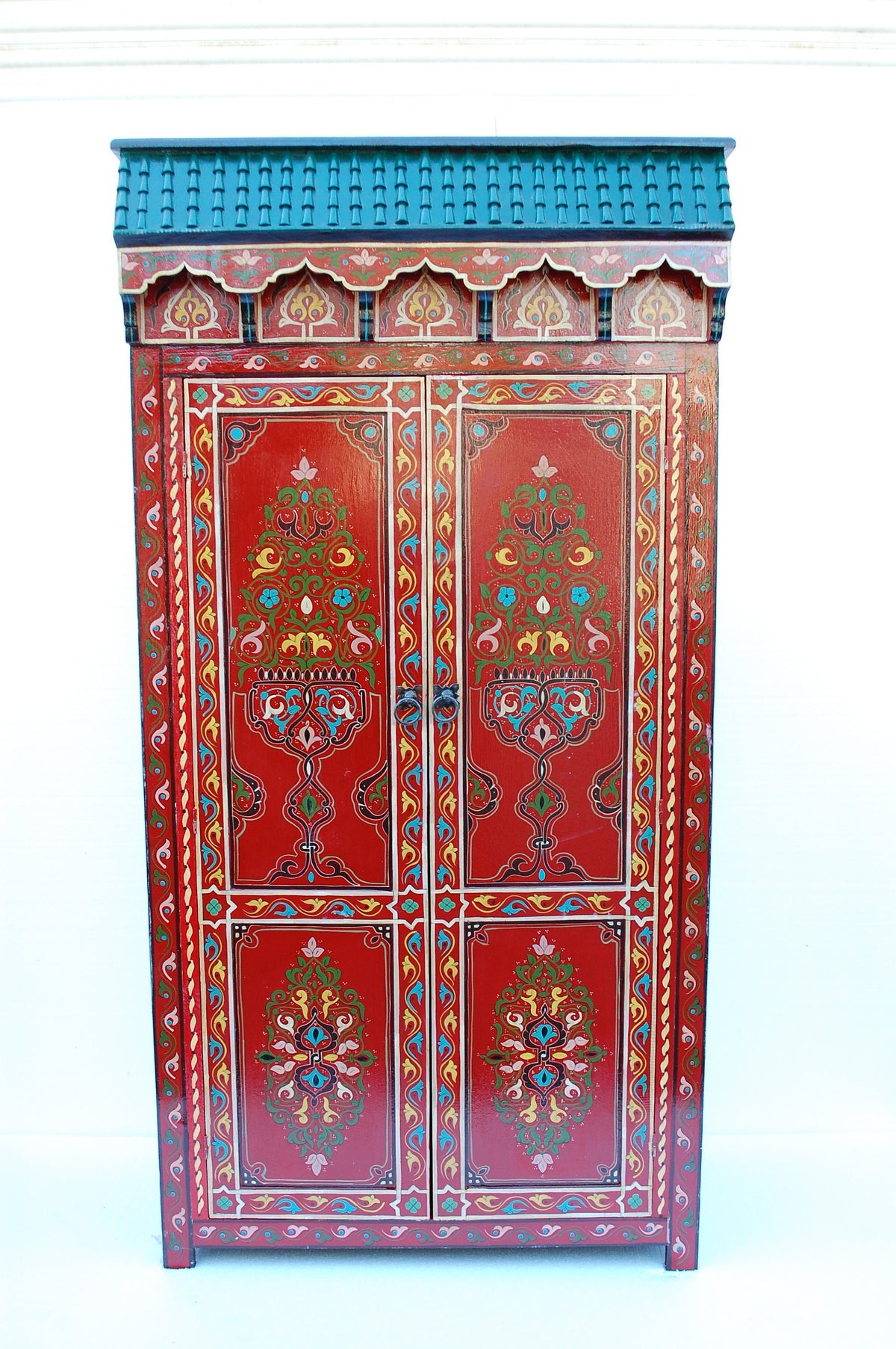 Vintage Hand-Painted Moroccan Armoire, Moorish Red Bedroom Furniture