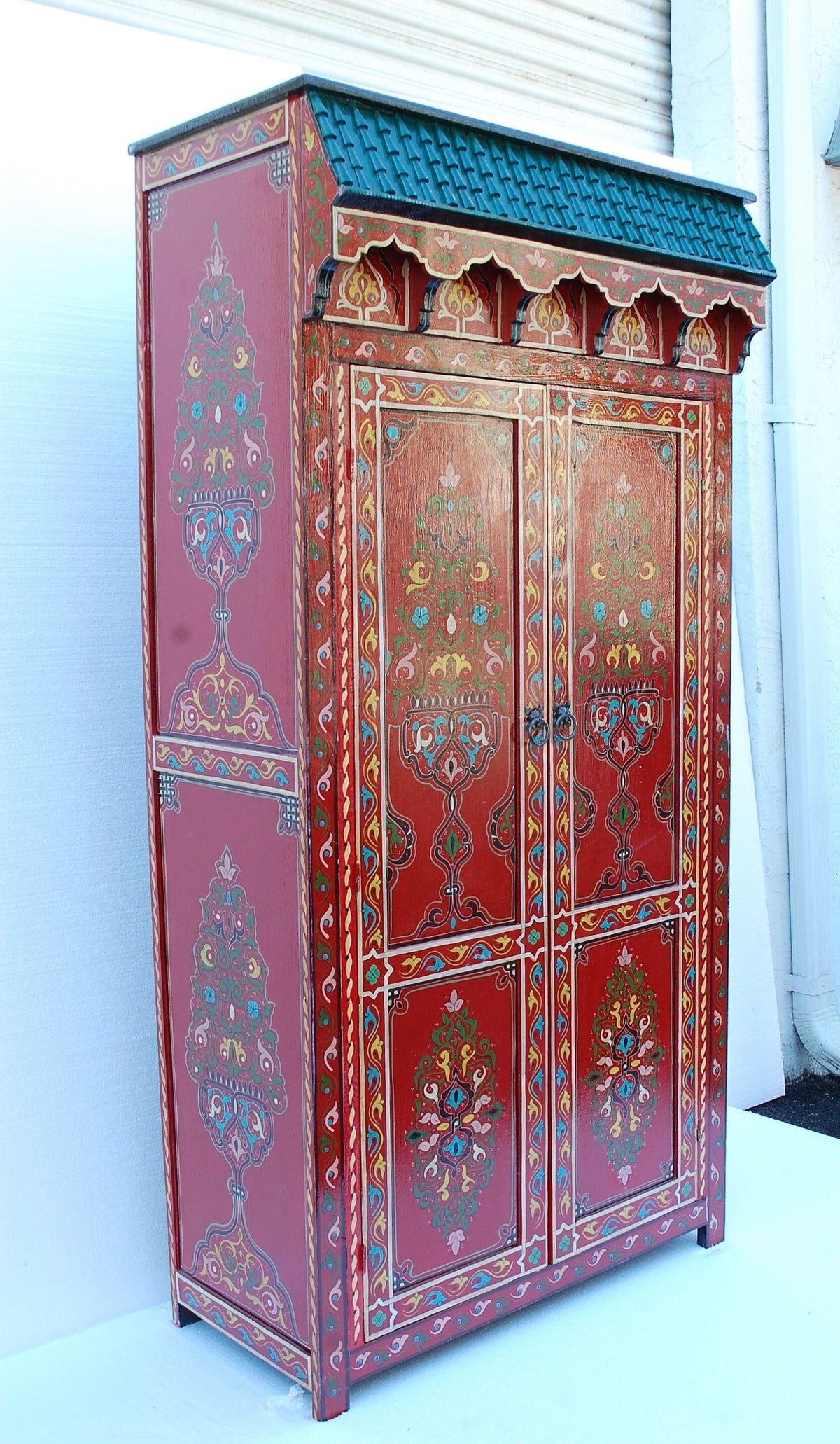 Vintage Hand-Painted Moroccan Armoire, Moorish Red Bedroom Furniture