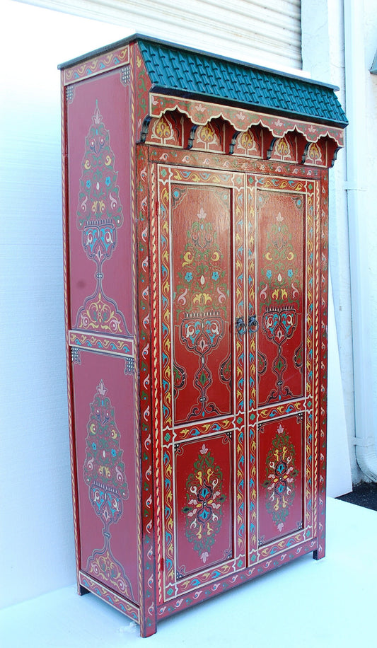 Vintage Hand-Painted Moroccan Armoire, Moorish Red Bedroom Furniture