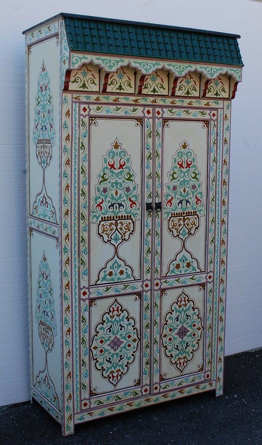 Vintage Hand-Painted Moroccan Armoire, Moorish Style, Bedroom Furniture