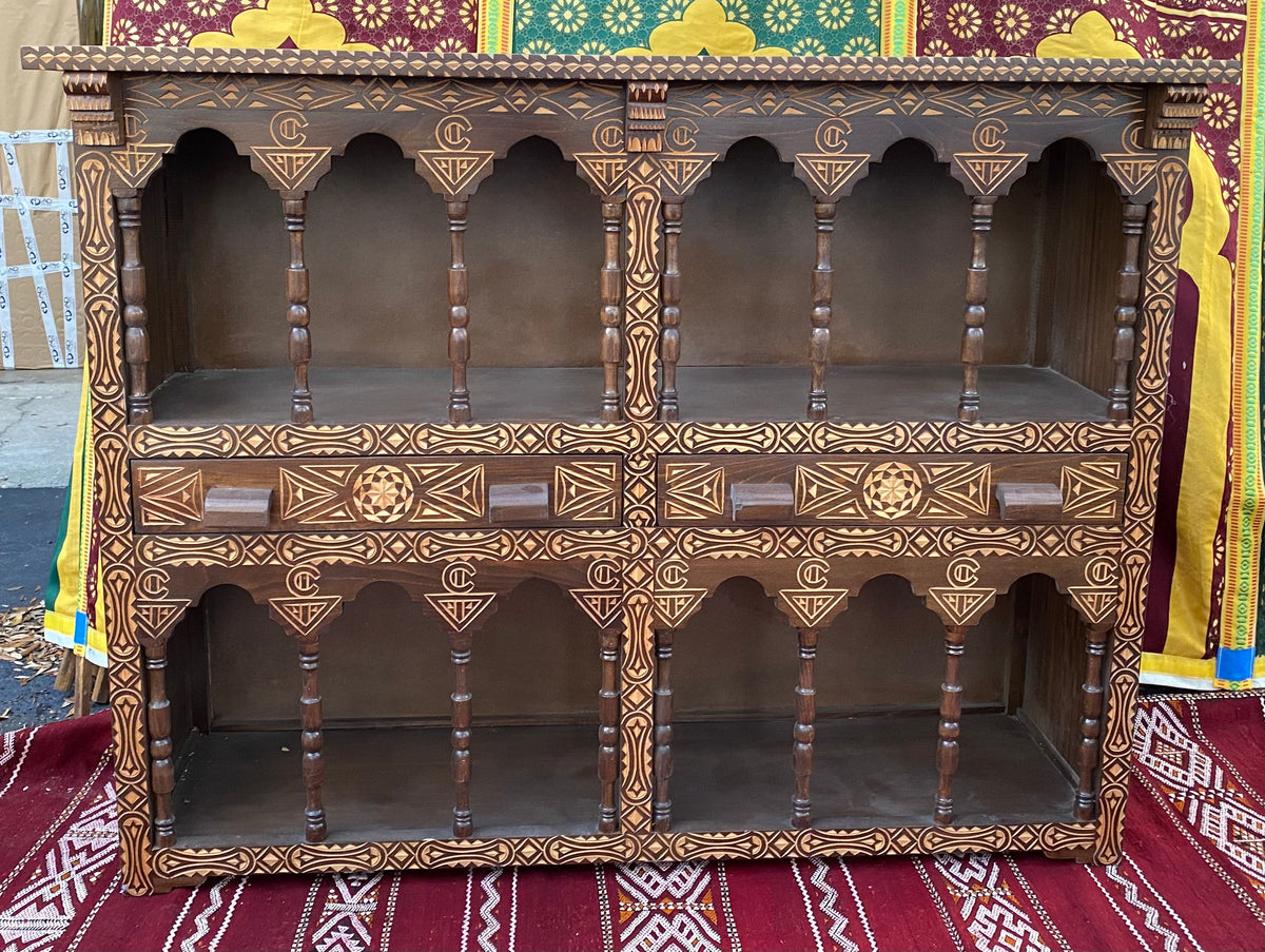 Handmade Moroccan Cedar Cabinet: Moorish Arch Carved Shelf