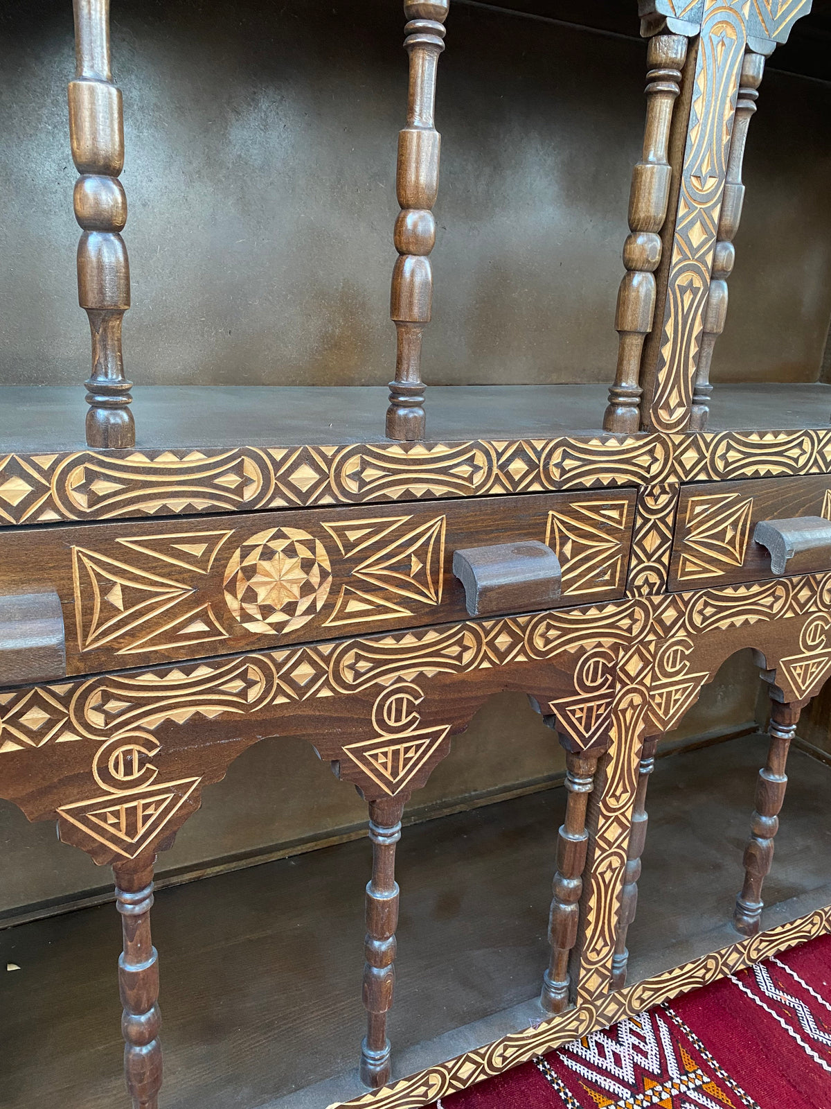 Handmade Moroccan Cedar Cabinet: Moorish Arch Carved Shelf