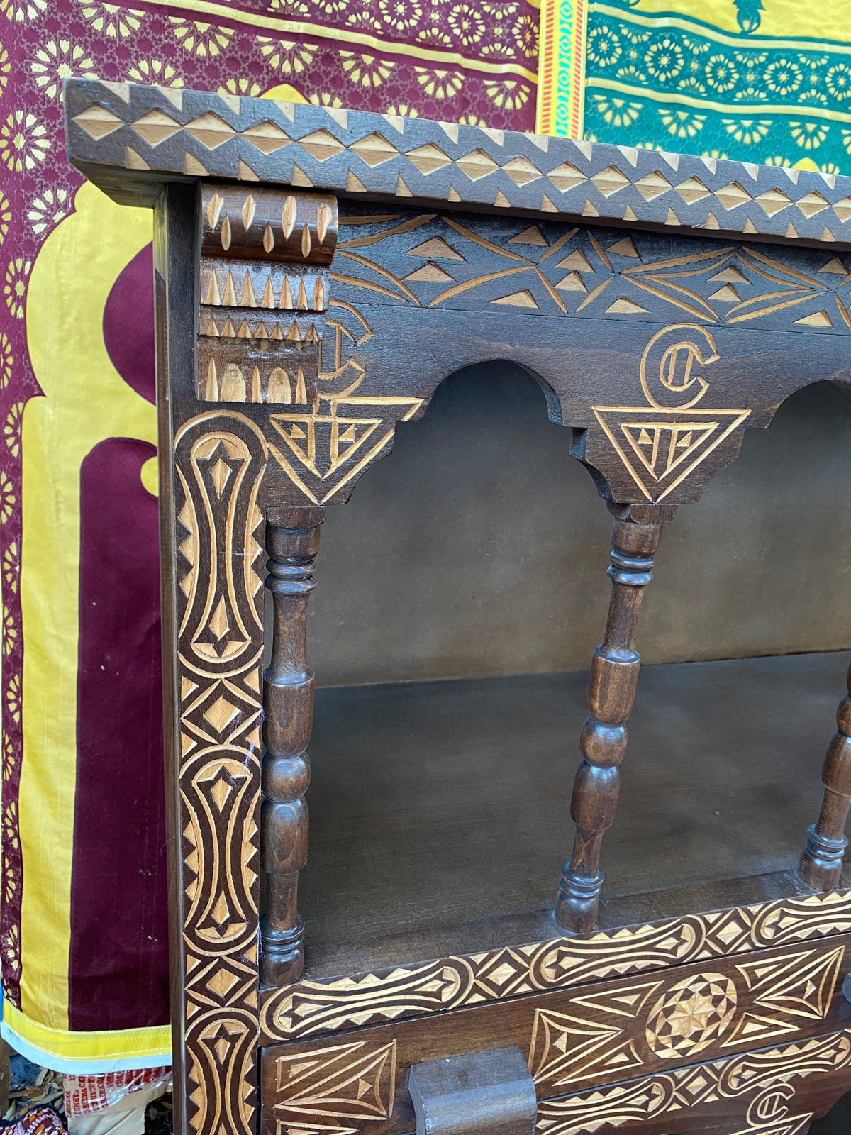 Handmade Moroccan Cedar Cabinet: Moorish Arch Carved Shelf