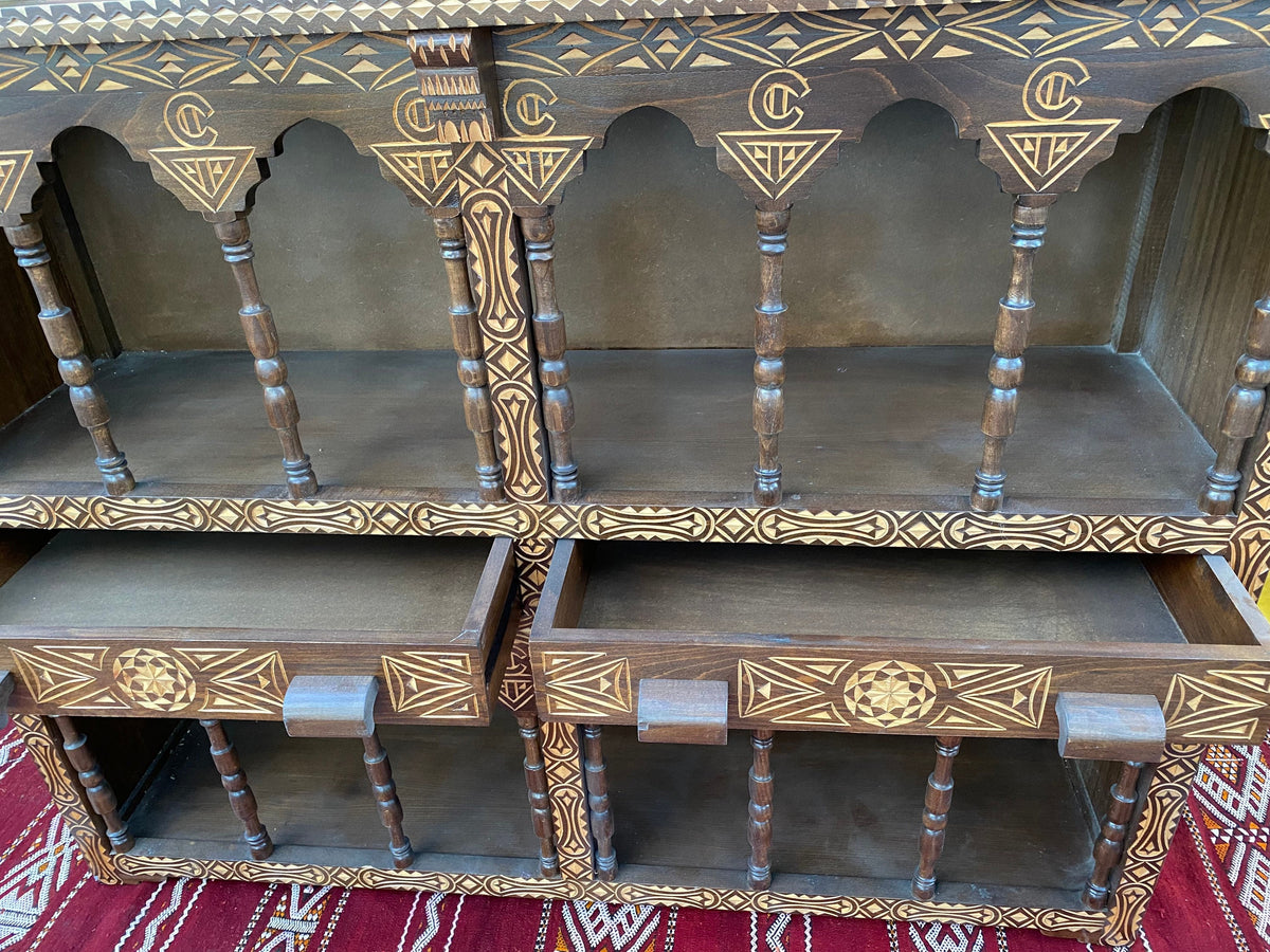 Handmade Moroccan Cedar Cabinet: Moorish Arch Carved Shelf