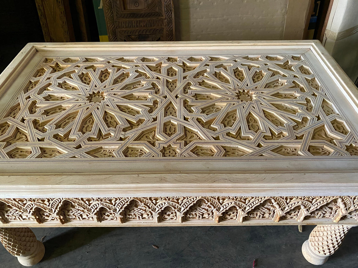 Handmade Moroccan Carved Wooden Coffee Table, Andalusian Art