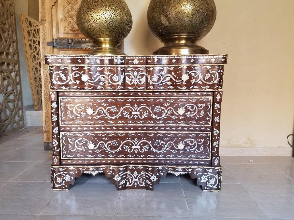 Vintage Syrian Mother of Pearl Inlaid Dresser, Moroccan Bedroom Cabinet