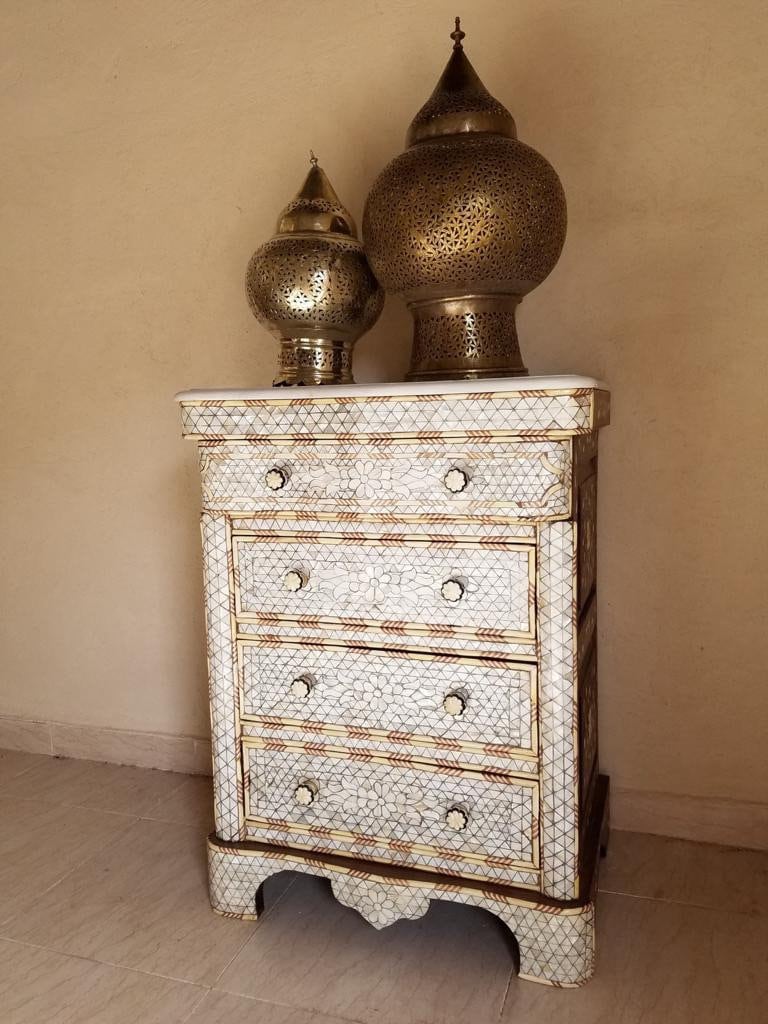 Vintage Mother of Pearl Inlay Nightstands, Marble Top, Syrian Chest
