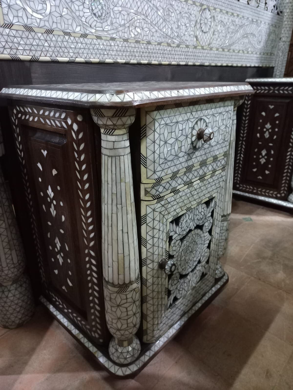 Syrian Mother of Pearl Inlay Bed with Nightstands, Middle Eastern Royal Bedroom Set