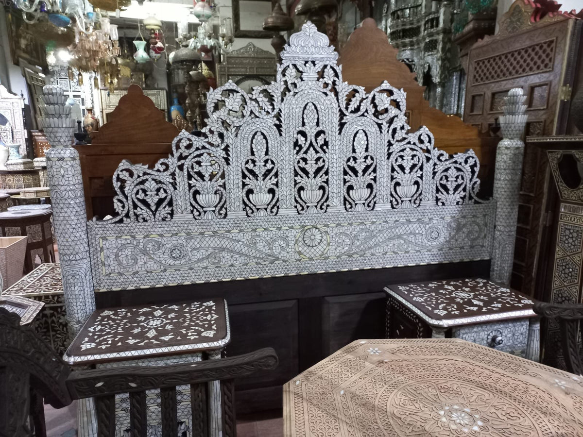 Syrian Mother of Pearl Inlay Bed with Nightstands, Middle Eastern Royal Bedroom Set