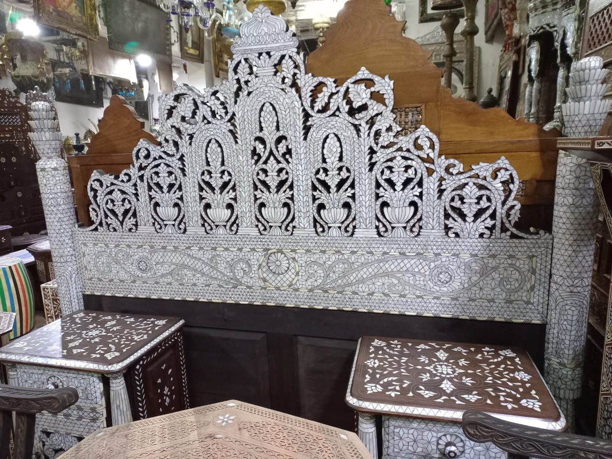 Syrian Mother of Pearl Inlay Bed with Nightstands, Middle Eastern Royal Bedroom Set