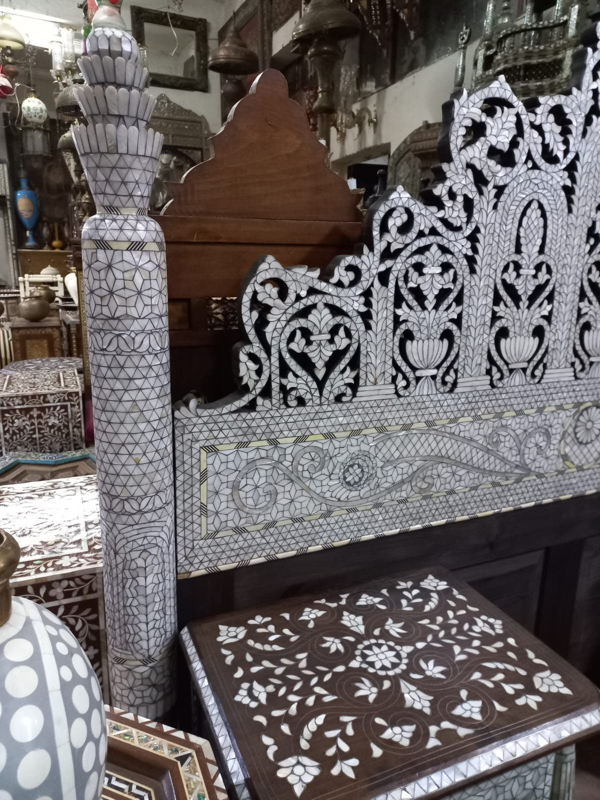 Syrian Mother of Pearl Inlay Bed with Nightstands, Middle Eastern Royal Bedroom Set