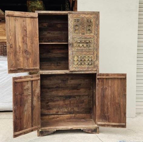 Rustic carved wood wardrobe : Vintage Carved Wooden armoire, Handcrafted statement furniture