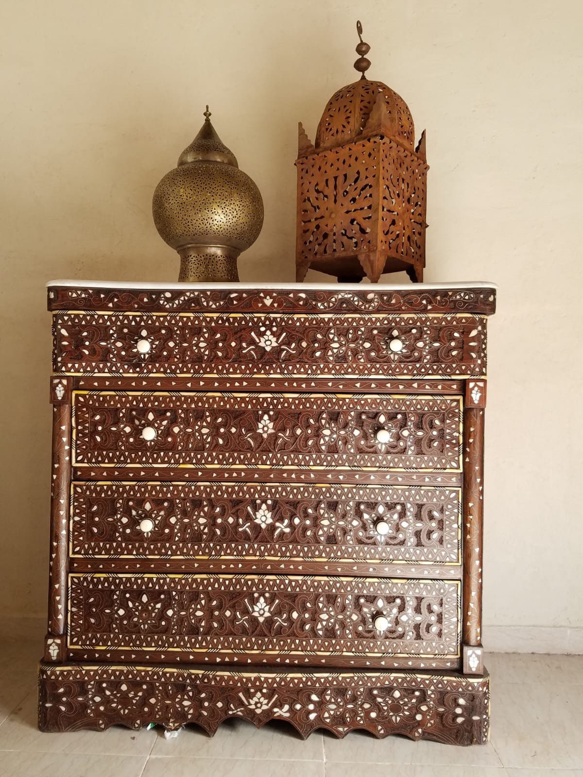 Vintage Syrian Chest of Drawers, Mother of Pearl Inlay, Marble Top