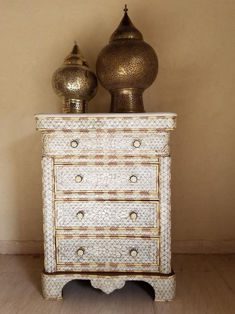 Vintage Mother of Pearl Inlay Nightstands, Marble Top, Syrian Chest