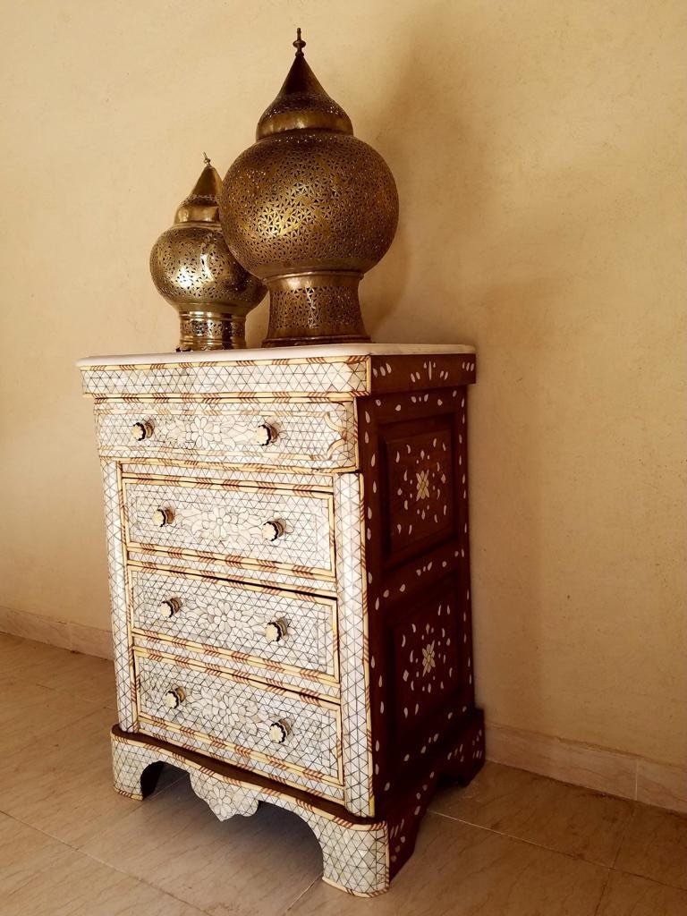 Vintage Mother of Pearl Inlay Nightstands, Marble Top, Syrian Chest