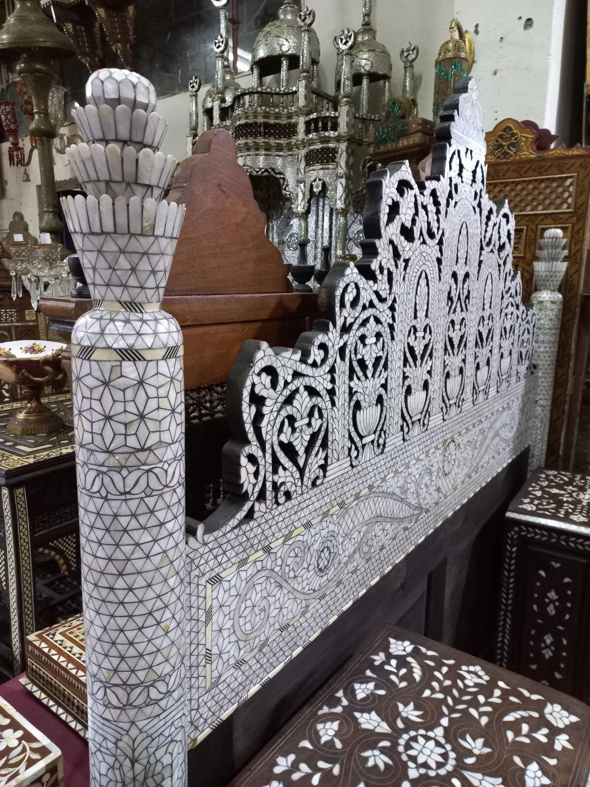 Syrian Mother of Pearl Inlay Bed with Nightstands, Middle Eastern Royal Bedroom Set