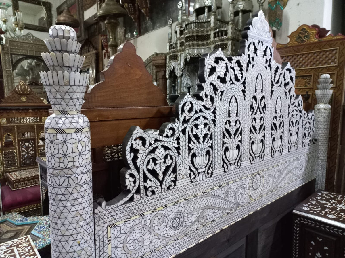Syrian Mother of Pearl Inlay Bed with Nightstands, Middle Eastern Royal Bedroom Set