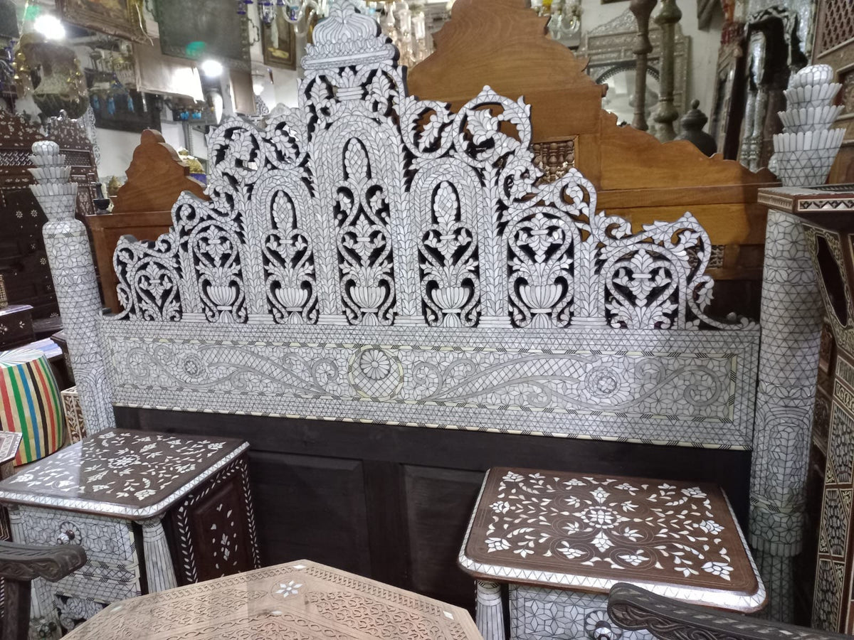 Syrian Mother of Pearl Inlay Bed with Nightstands, Middle Eastern Royal Bedroom Set