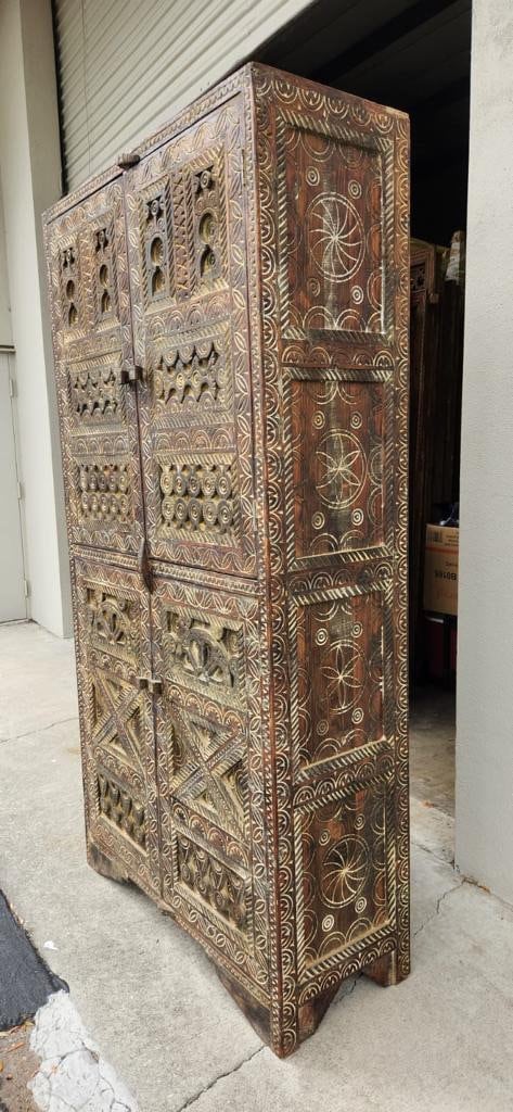 Rustic carved wood wardrobe : Vintage Carved Wooden armoire, Handcrafted statement furniture