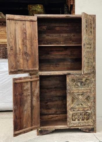 Rustic carved wood wardrobe : Vintage Carved Wooden armoire, Handcrafted statement furniture