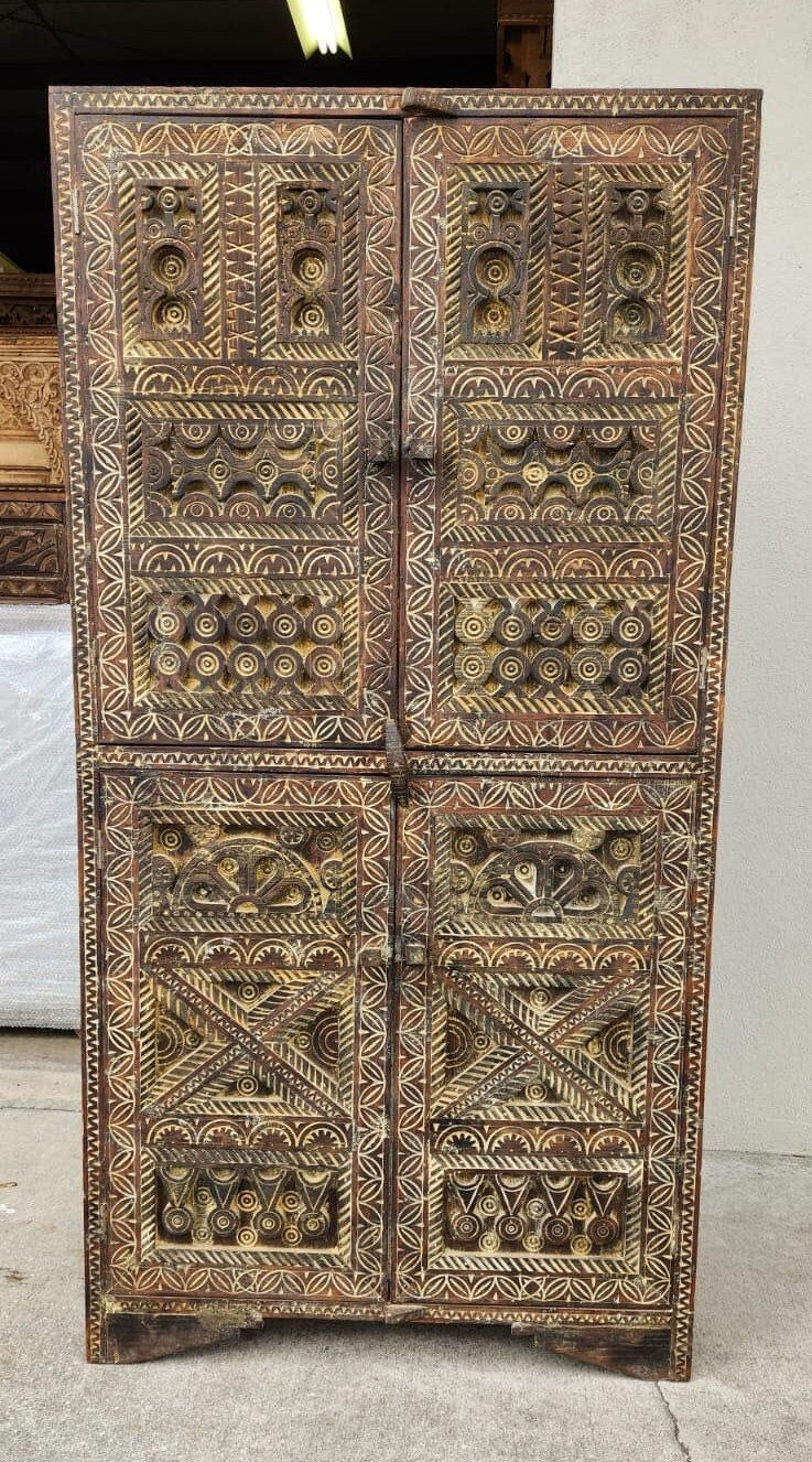 Rustic carved wood wardrobe : Vintage Carved Wooden armoire, Handcrafted statement furniture