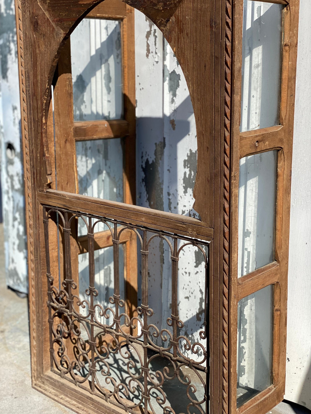 Moroccan Vintage Window with Wrought Iron Filigree, Architectural Woodwork