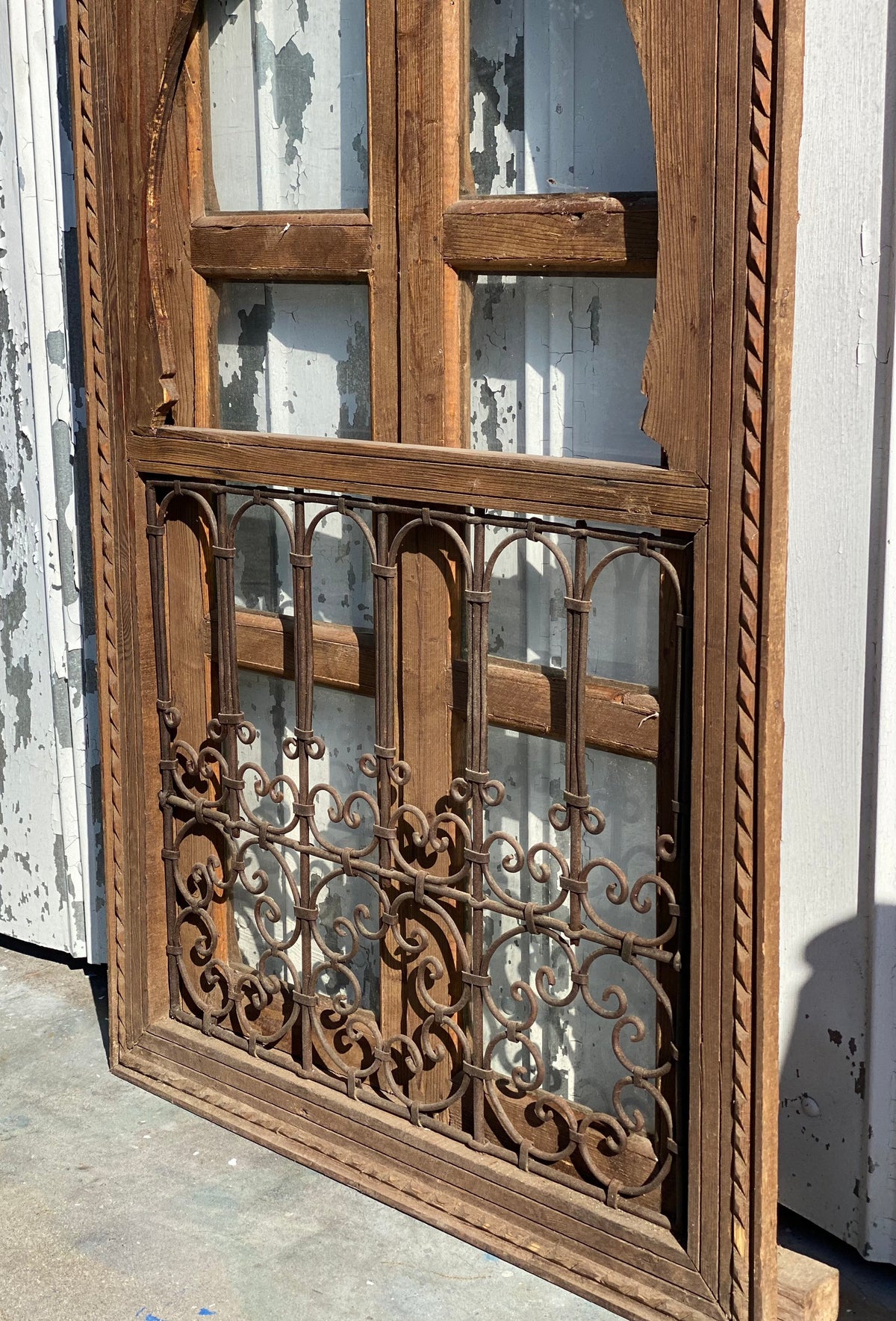 Moroccan Vintage Window with Wrought Iron Filigree, Architectural Woodwork