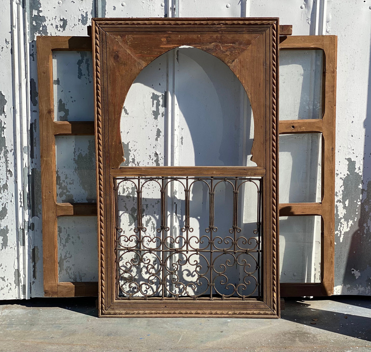 Moroccan Vintage Window with Wrought Iron Filigree, Architectural Woodwork
