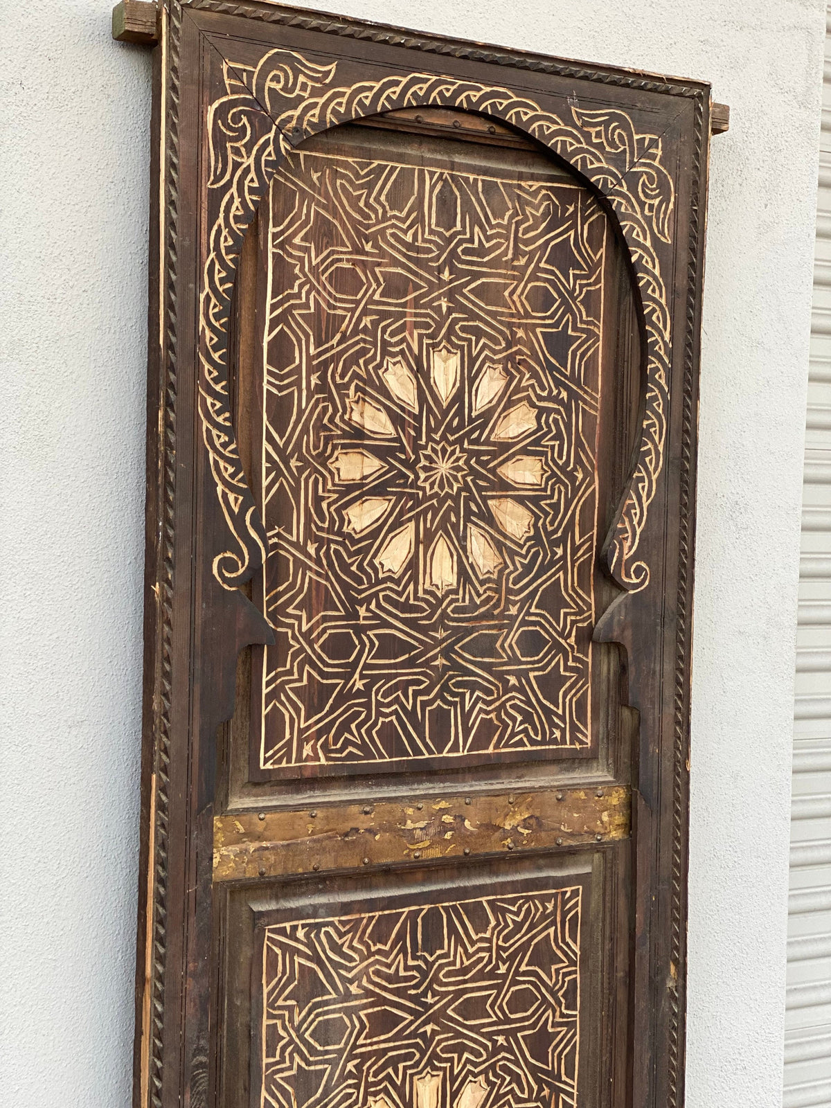 Vintage Moroccan Door, Geometric Hand Carved Wooden Panel (77x31)