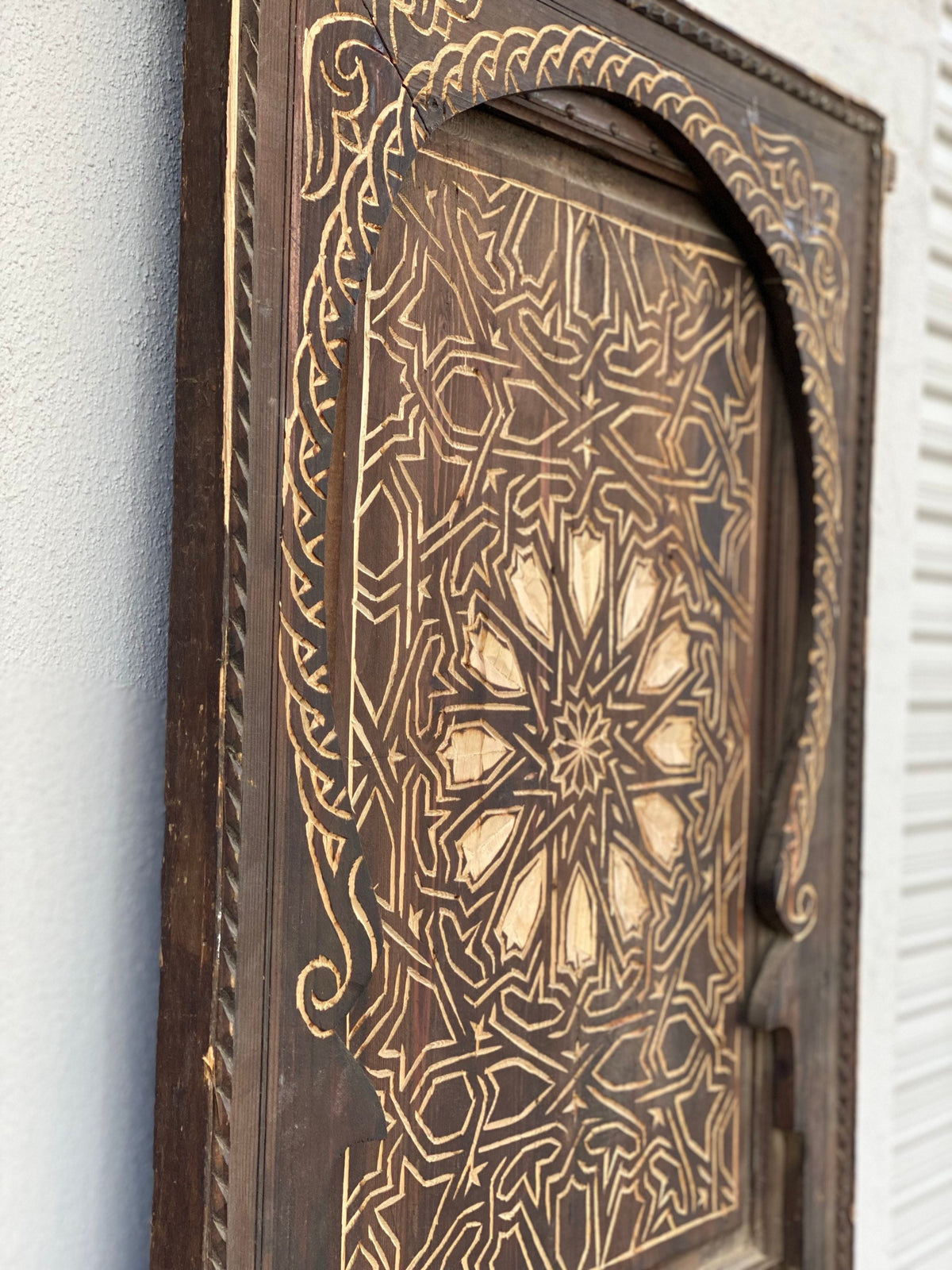 Vintage Moroccan Door, Geometric Hand Carved Wooden Panel (77x31)