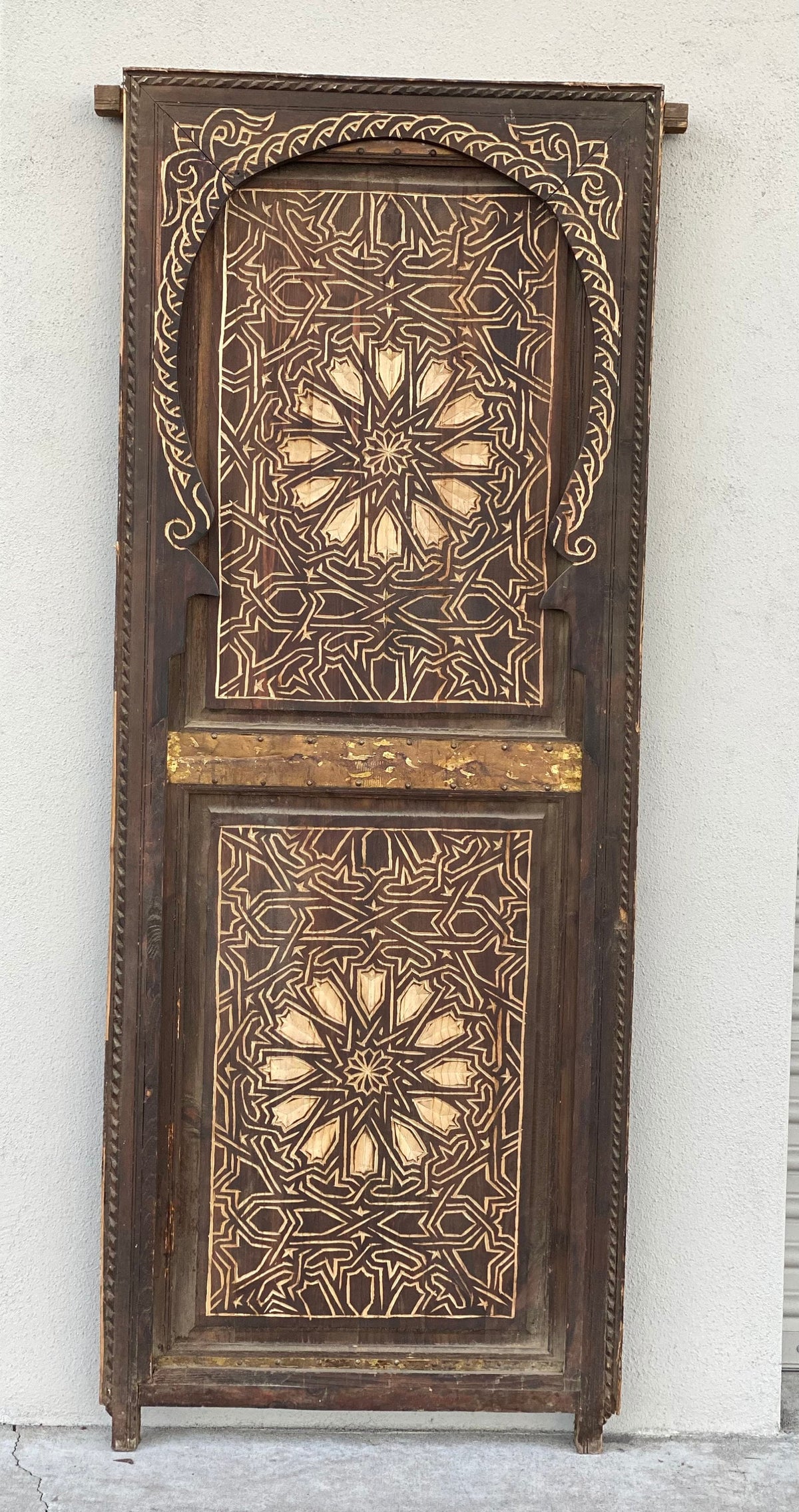 Vintage Moroccan Door, Geometric Hand Carved Wooden Panel (77x31)