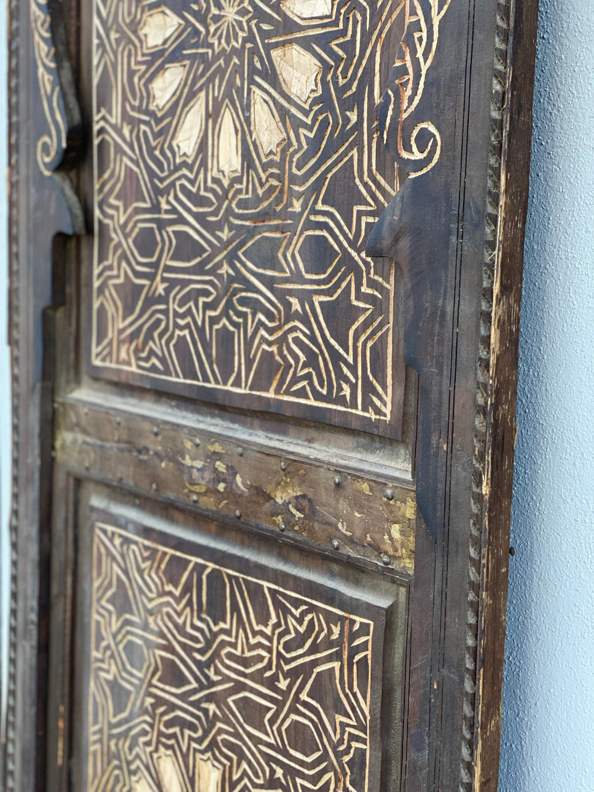 Vintage Moroccan Door, Geometric Hand Carved Wooden Panel (77x31)
