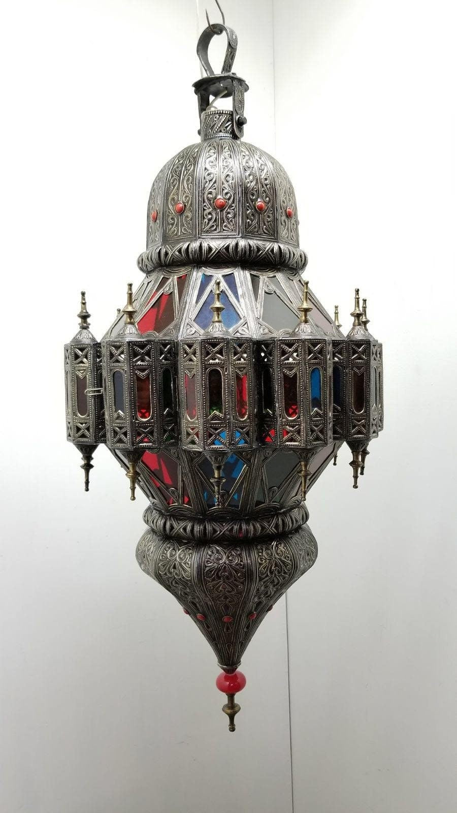 Large Vintage silver led moroccan ceiling lamp, moorish royal hanging chandelier, middle eastern lighting