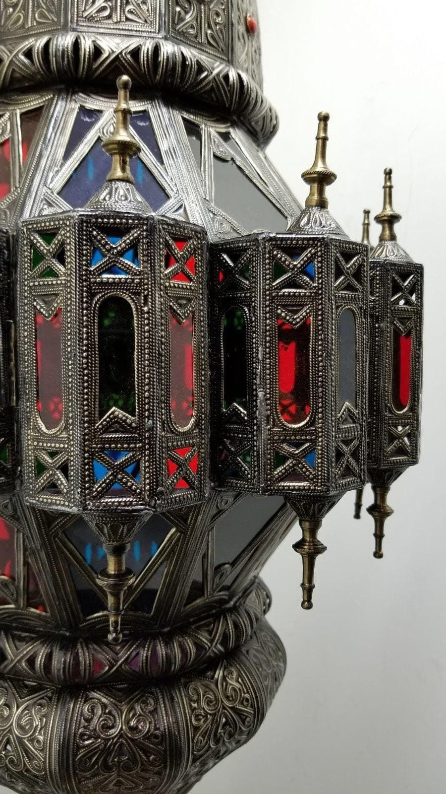 Large Vintage silver led moroccan ceiling lamp, moorish royal hanging chandelier, middle eastern lighting