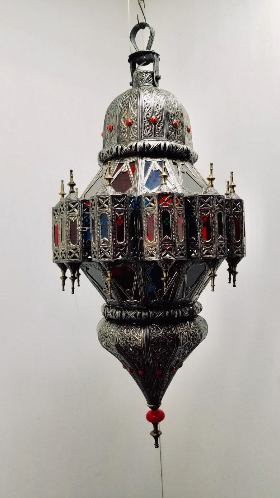 Large Vintage silver led moroccan ceiling lamp, moorish royal hanging chandelier, middle eastern lighting