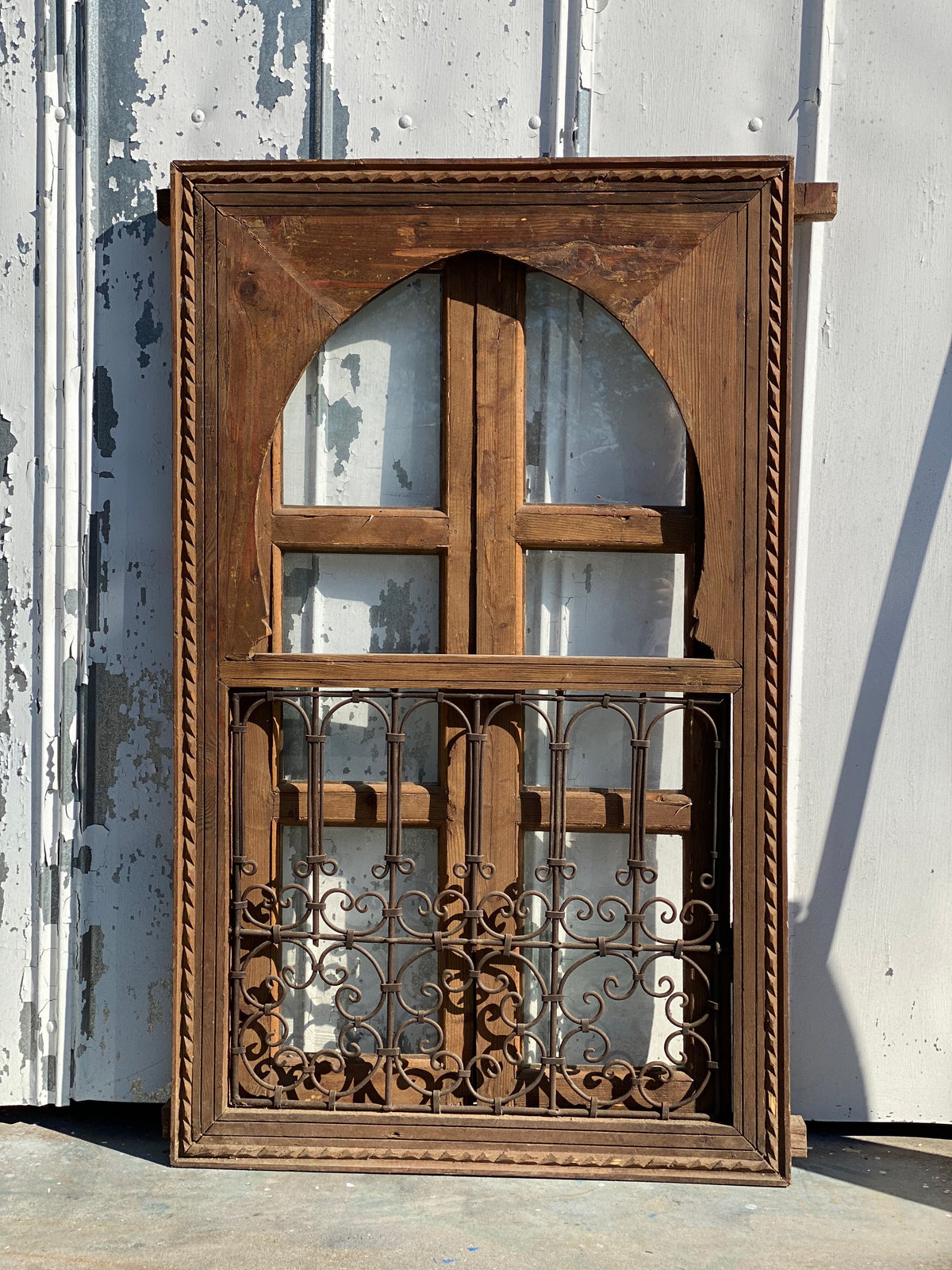Moroccan Vintage Window with Wrought Iron Filigree, Architectural Woodwork