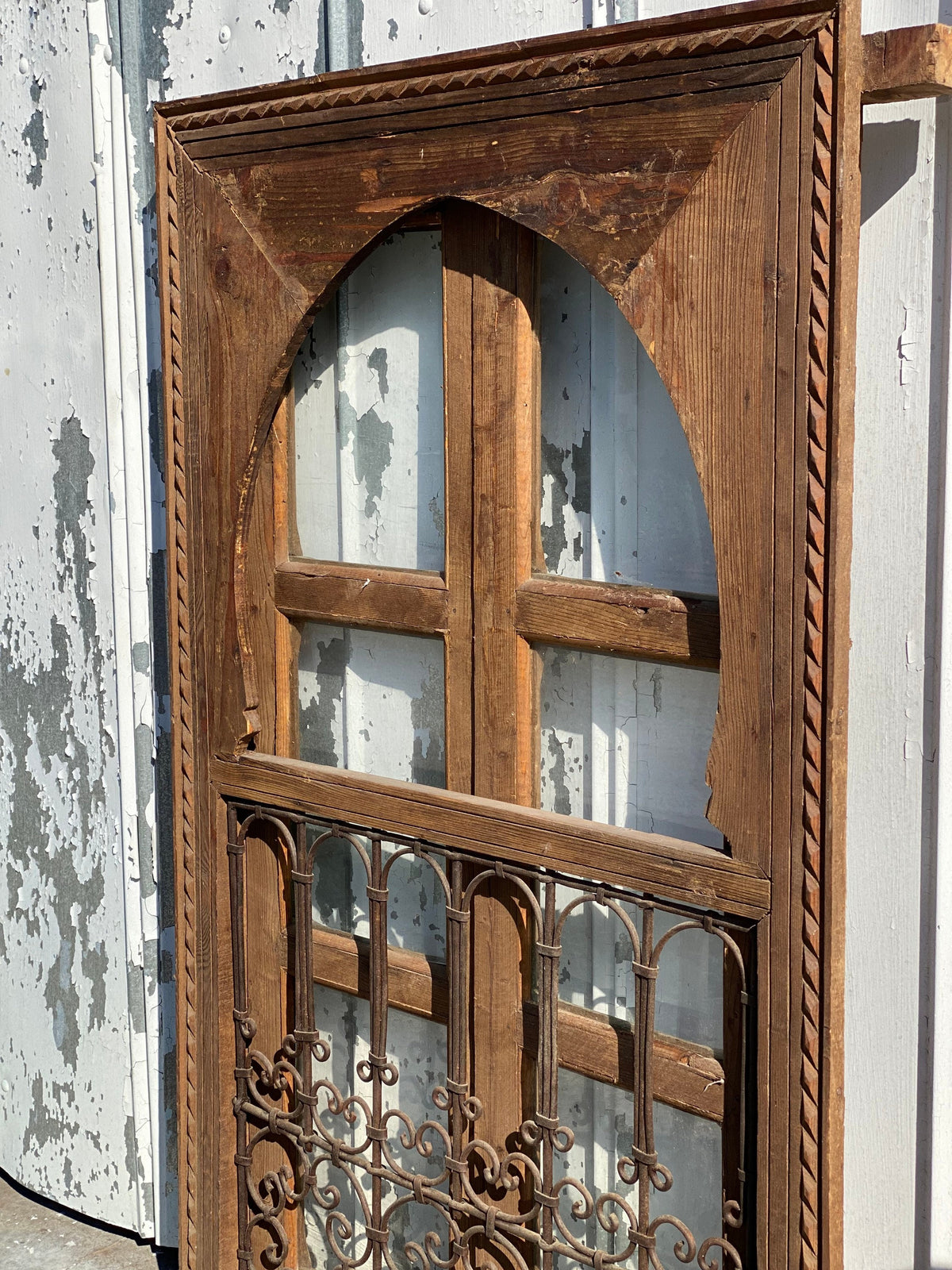 Moroccan Vintage Window with Wrought Iron Filigree, Architectural Woodwork