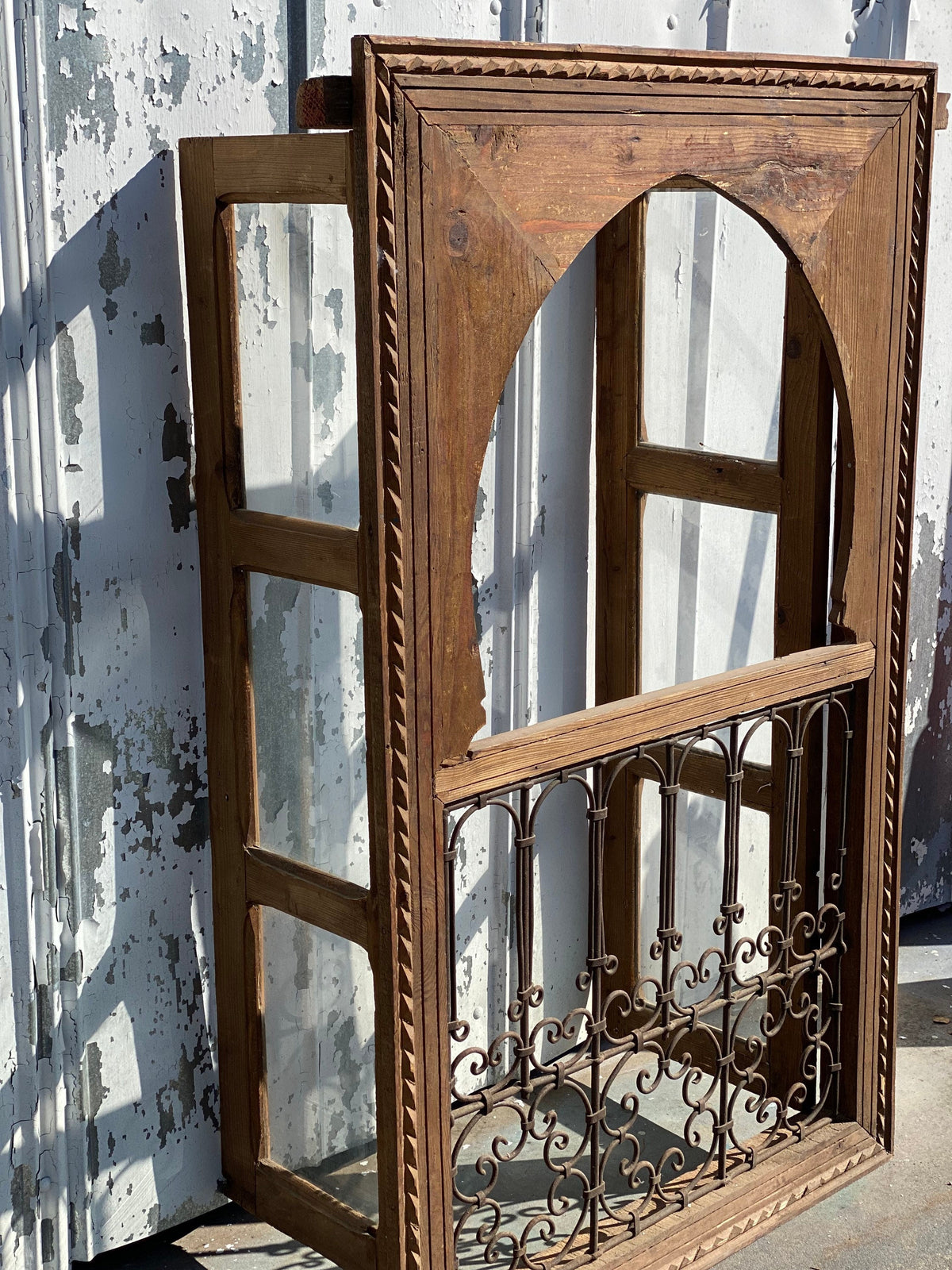 Moroccan Vintage Window with Wrought Iron Filigree, Architectural Woodwork