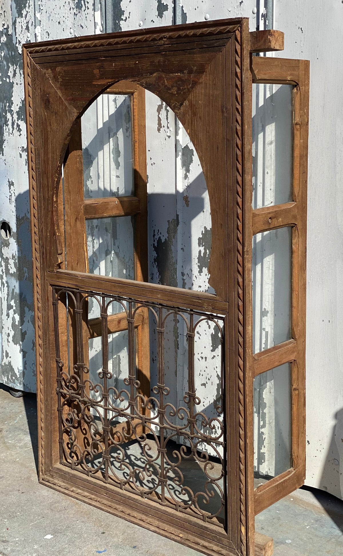 Moroccan Vintage Window with Wrought Iron Filigree, Architectural Woodwork