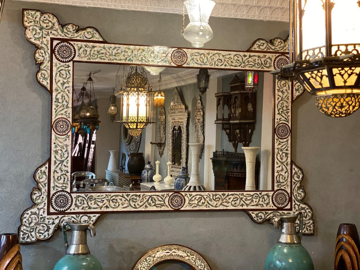 Large Vintage Syrian Mirror: Green Abalone, Mother of Pearl Inlay (85x62")