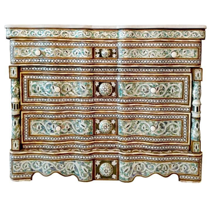 Vintage Syrian Dresser: Green Abalone, Mother of Pearl Inlay, Marble Top