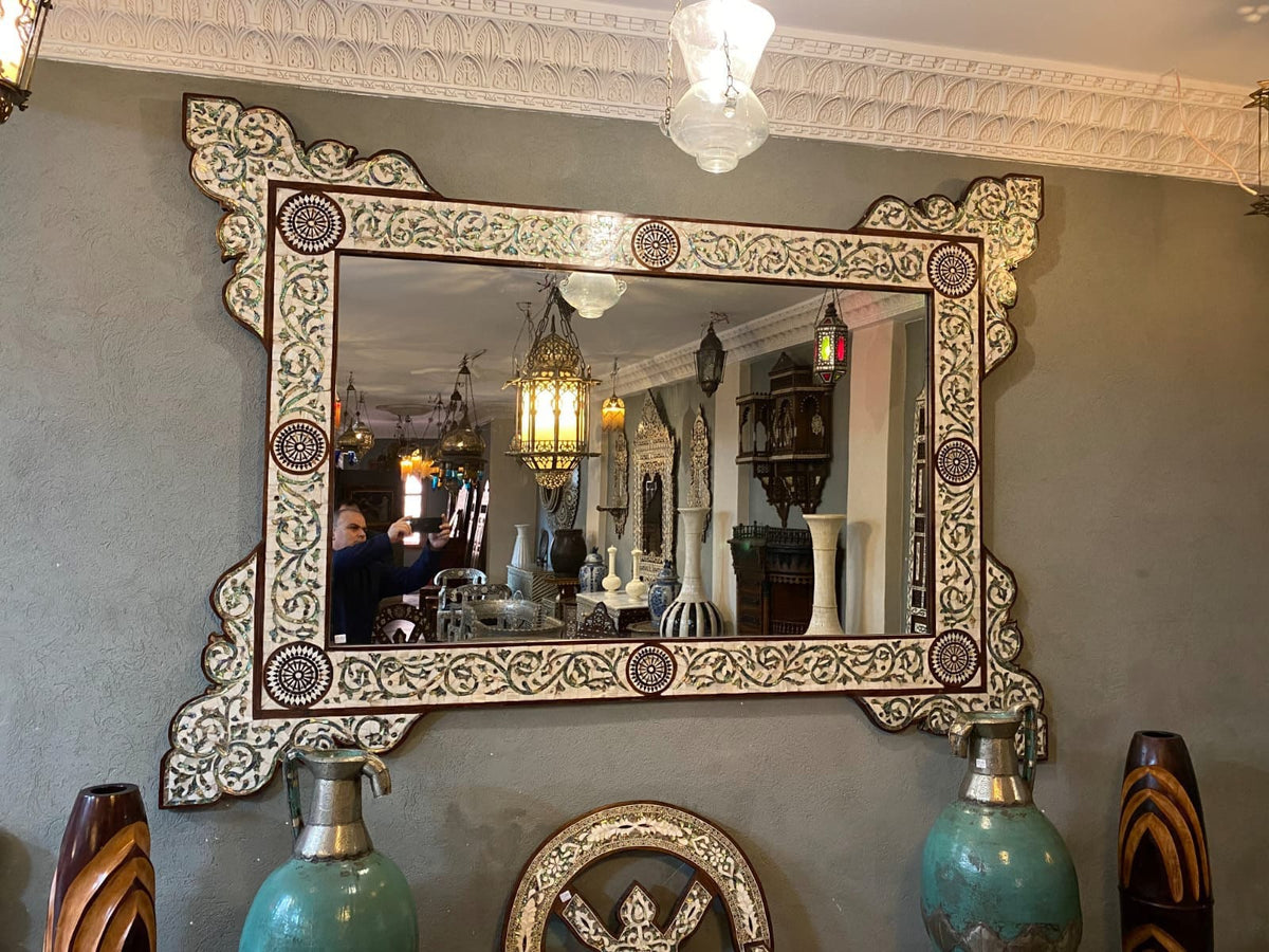Large Vintage Syrian Mirror: Green Abalone, Mother of Pearl Inlay (85x62")