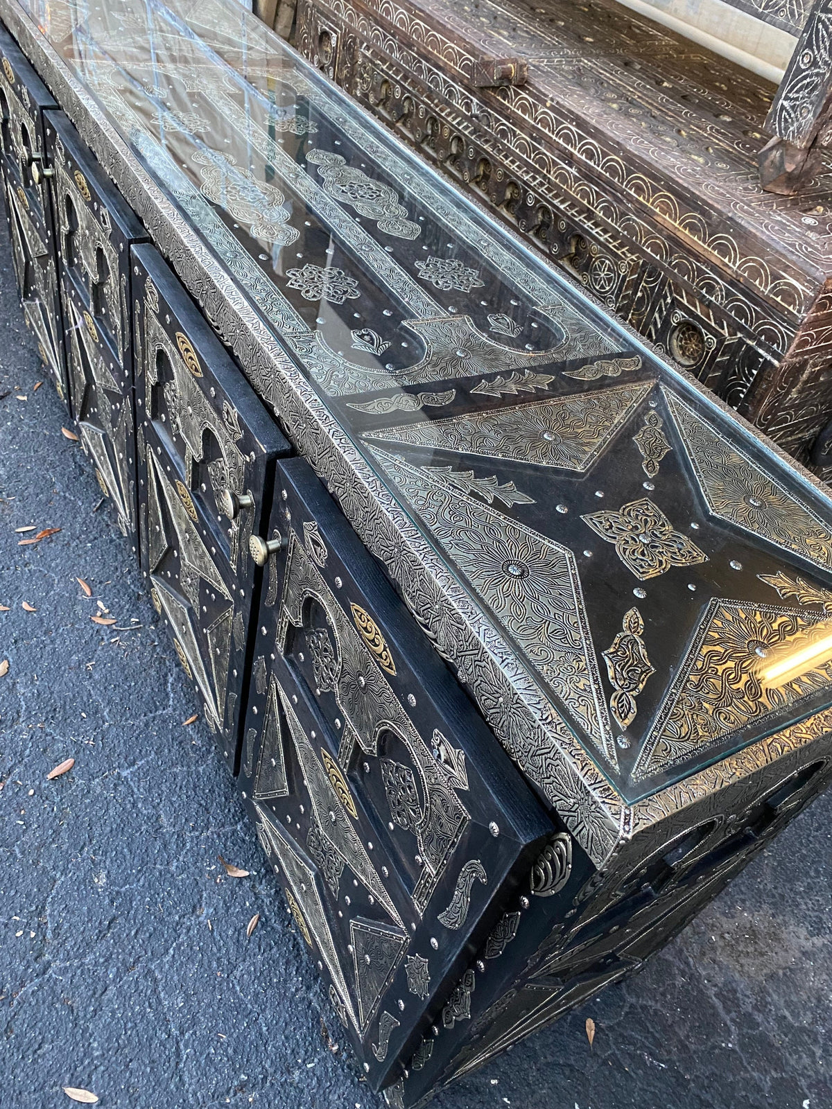 Handmade Moroccan Silver Metal Cabinet, Solid Wood Buffet Furniture