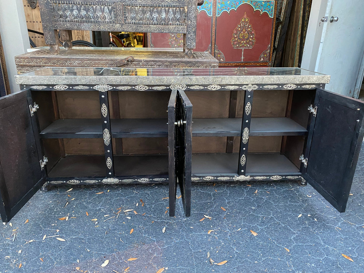 Handmade Moroccan Silver Metal Cabinet, Solid Wood Buffet Furniture