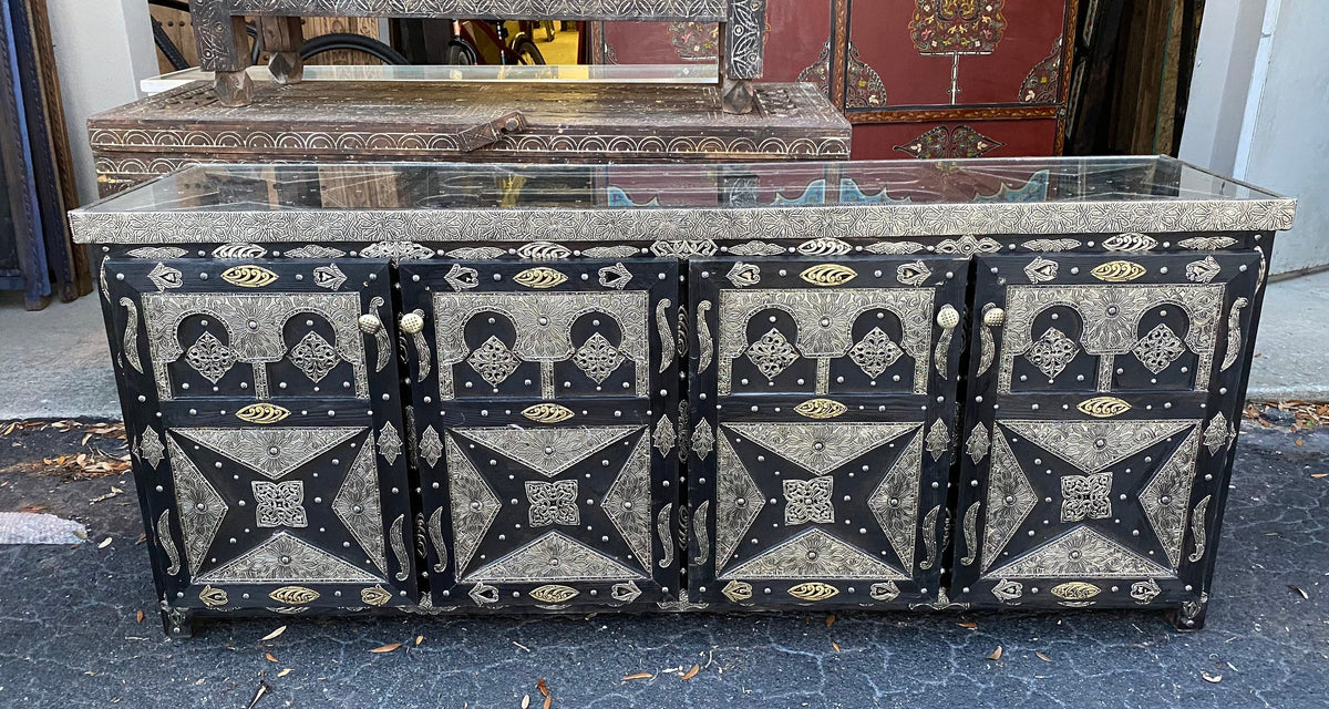 Handmade Moroccan Silver Metal Cabinet, Solid Wood Buffet Furniture