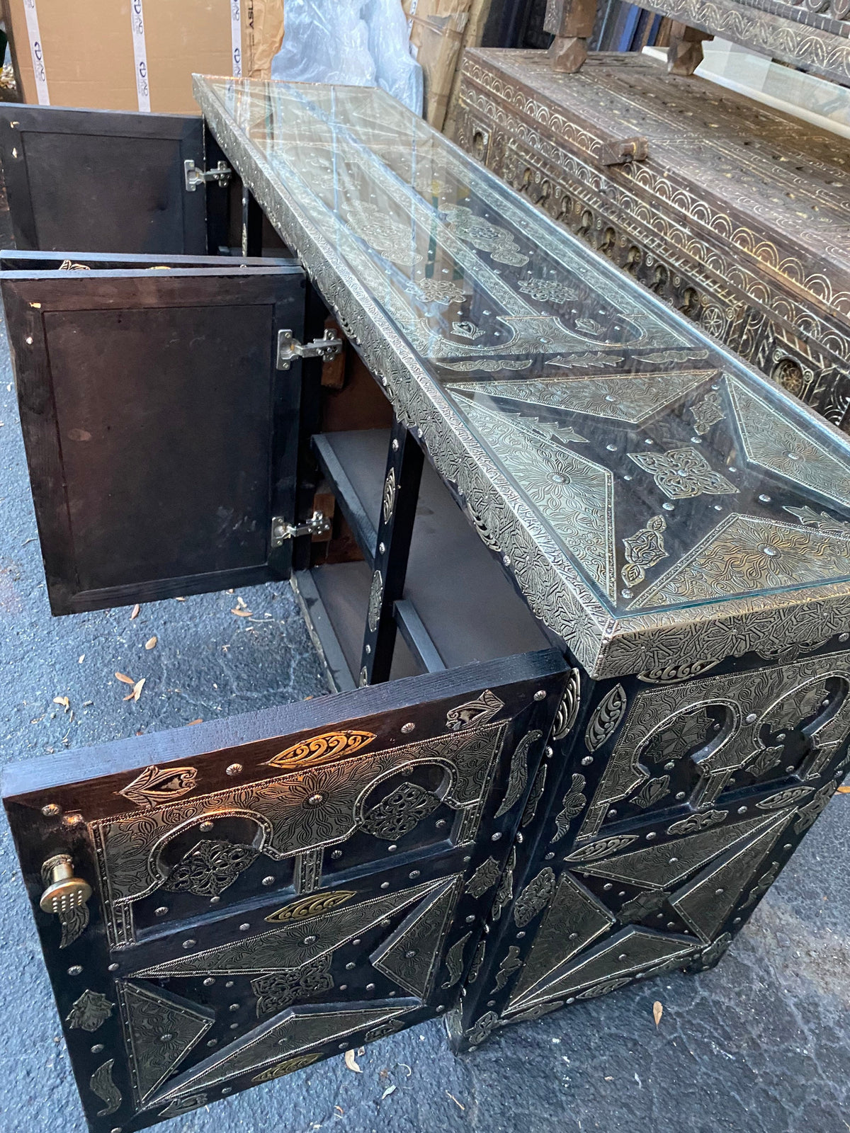 Handmade Moroccan Silver Metal Cabinet, Solid Wood Buffet Furniture