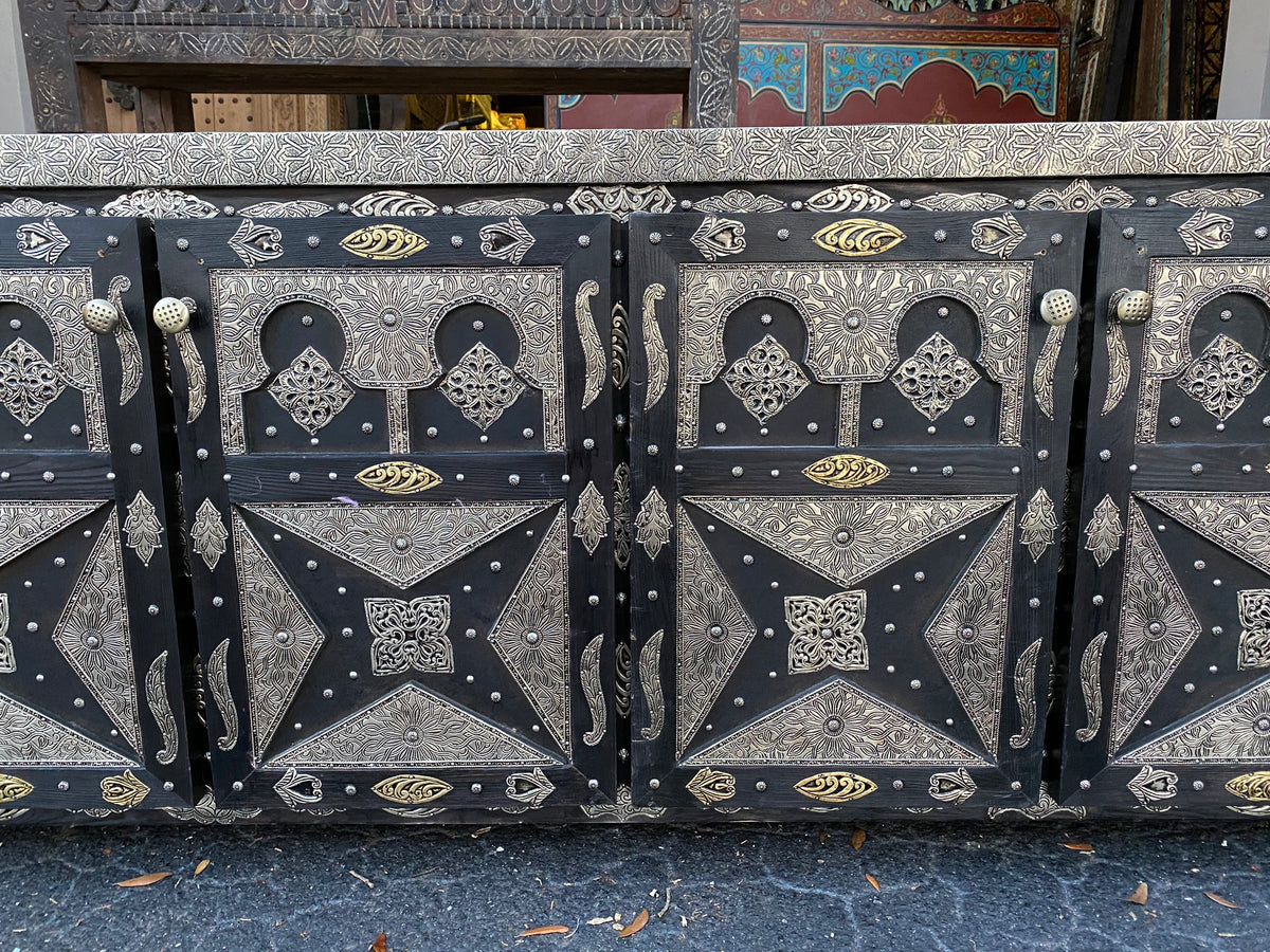 Handmade Moroccan Silver Metal Cabinet, Solid Wood Buffet Furniture