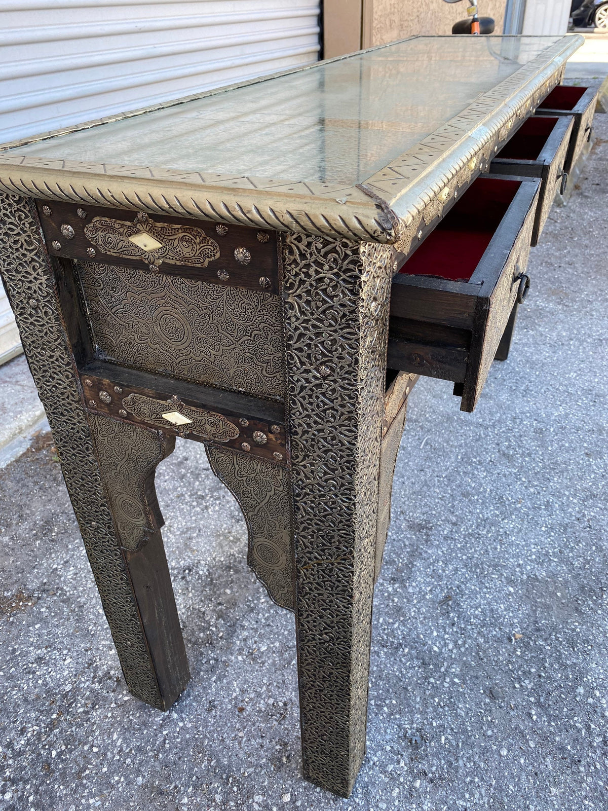 Handmade Moroccan Silver Console Cabinet, Moorish Dresser with Drawers